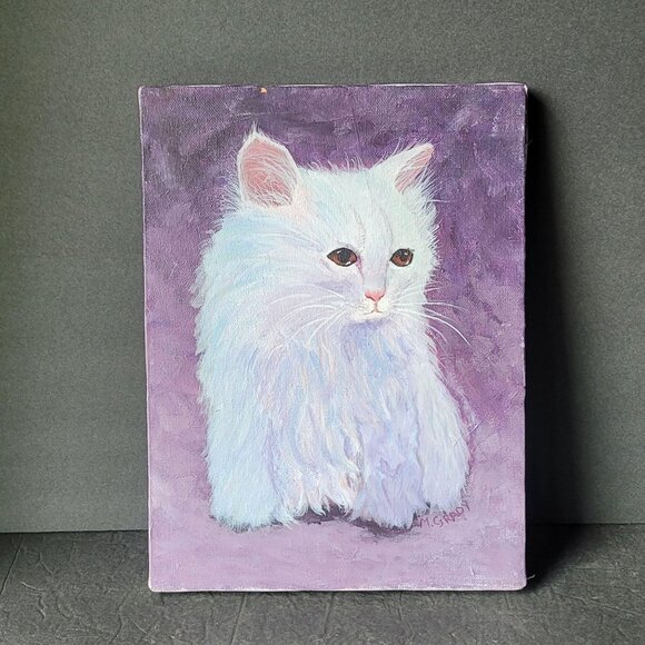 Vintage Unframed Turkish Angora Cat Acrylic Painting on Canvas 9x12
